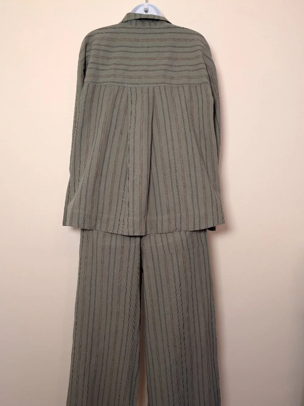 Zara Linen Blend Matching Set Womens M Green Striped Shirt & Wide Leg Pants NWT